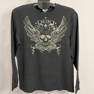 Old Navy Shirt Mens Large Black Waffle Knit Long Sleeve Skull Wings Graphic